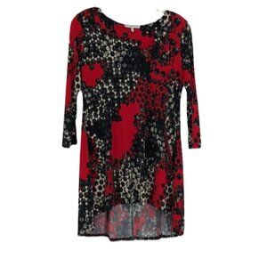 Vivian Wong Red Black abstract tunic flowy 3/4 sleeve blouse Small